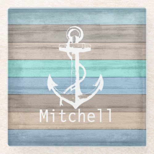 Rustic Beach Wood Nautical Stripes  Anchor Glass Coaster