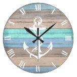 Rustic Beach Wood Nautical Stripes &amp; Anchor Large Clock