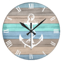 Rustic Beach Wood Nautical Stripes & Anchor Large Clock Rustic Beach Wood Nautical Stripes & Anchor Large Clock