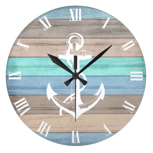 Rustic Beach Wood Nautical Stripes & Anchor Large Clock