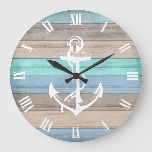 Rustic Beach Wood Nautical Stripes & Anchor Large Clock (Front)