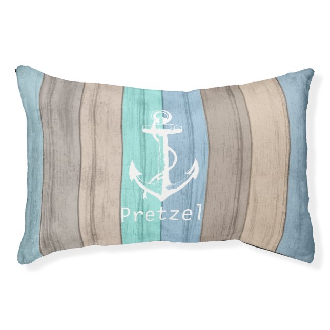 Rustic Beach Wood Nautical Stripes & Anchor Pet Bed (Front)