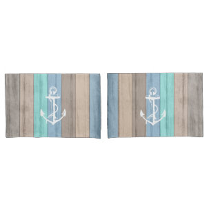Rustic Beach Wood Nautical Stripes & Anchor Pillow Case