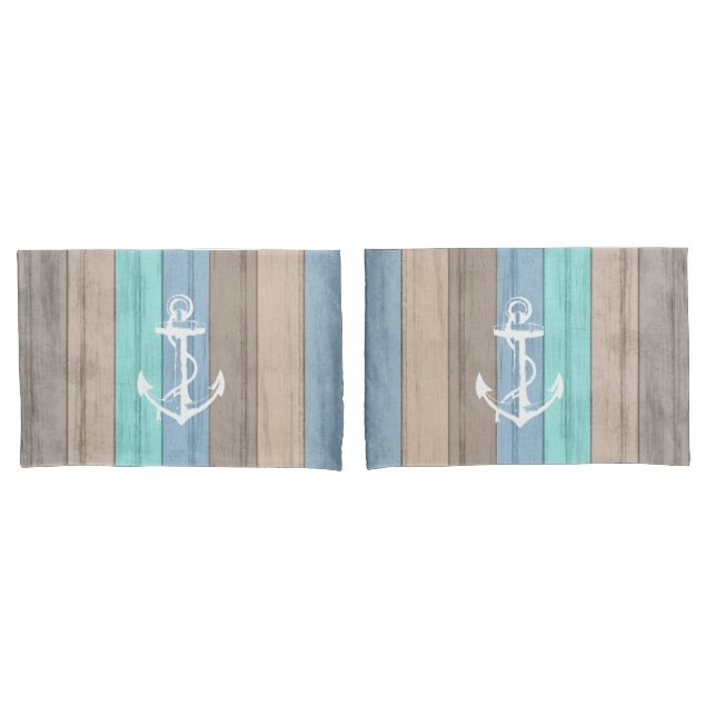 Rustic Beach Wood Nautical Stripes & Anchor Pillow Case (Front-Set)