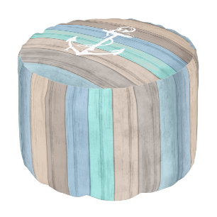Rustic Beach Wood Nautical Stripes & Anchor Pouf