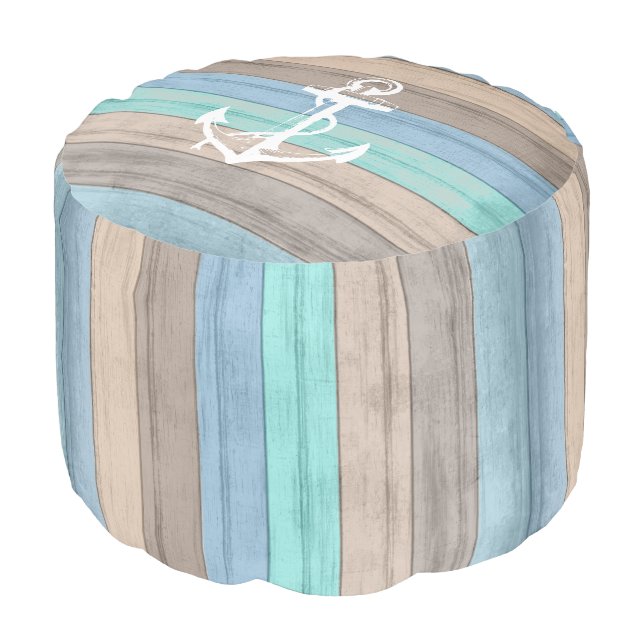 Rustic Beach Wood Nautical Stripes & Anchor Pouf (Angled Front)