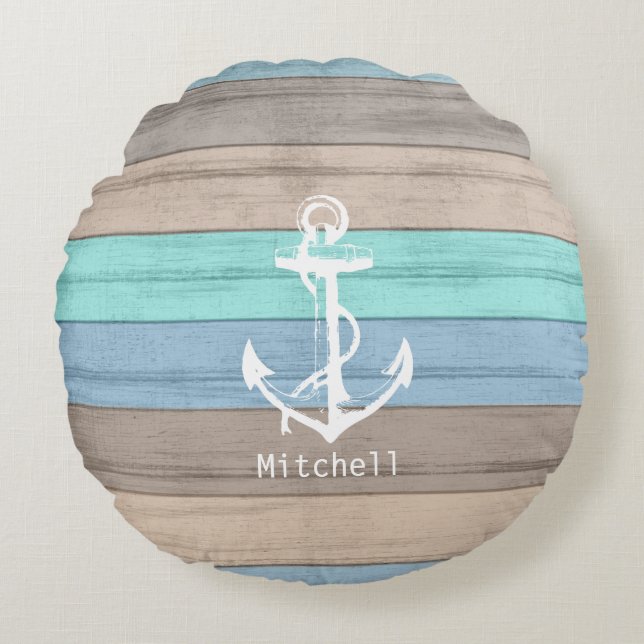 Rustic Beach Wood Nautical Stripes & Anchor Round Pillow (Front)