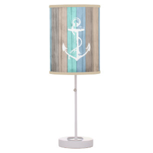 Rustic Beach Wood Nautical Stripes & Anchor Table Lamp