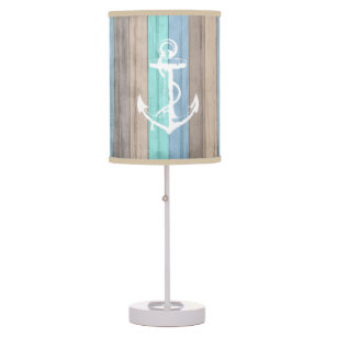Rustic Beach Wood Nautical Stripes & Anchor Table Lamp