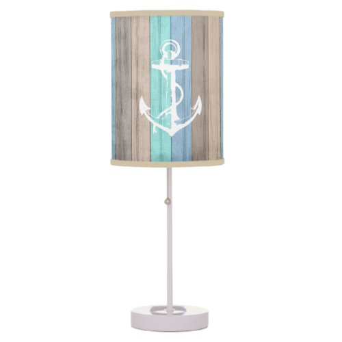 Rustic Beach Wood Nautical Stripes  Anchor Table Lamp