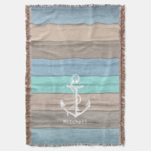 Rustic Beach Wood Nautical Stripes & Anchor