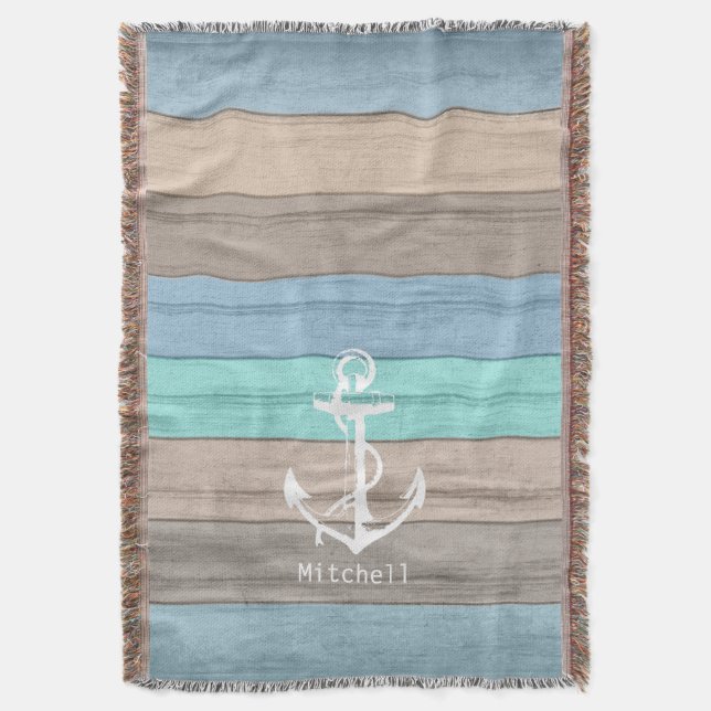 Rustic Beach Wood Nautical Stripes & Anchor Throw Blanket (Front Vertical)