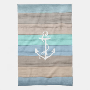 Rustic Beach Wood Nautical Stripes & Anchor Towel
