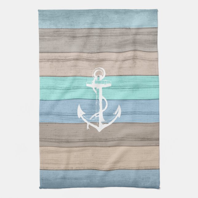Rustic Beach Wood Nautical Stripes & Anchor Towel (Vertical)