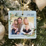 Rustic Beach Wood Starfish Family Photo Christmas Ceramic Ornament<br><div class="desc">This beach inspired Christmas ornament with a rustic wood background makes a great annual holiday keepsake, easily customized for a unique gift with the photo and text templates. Holiday watercolor sprigs of holly, pine, and starfish in two corners frame the photos on both sides. Please contact me through Zazzle Chat...</div>