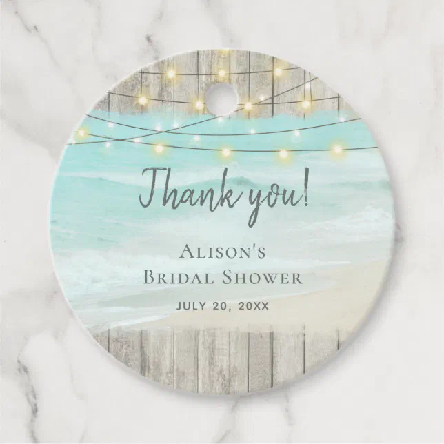 Rustic Beach Wood String Lights Bridal Shower Favor Tags | Zazzle