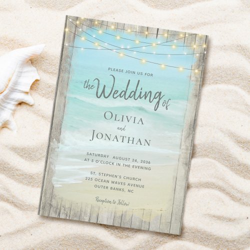 Rustic Beach Wood String Lights Waves Wedding Invitation