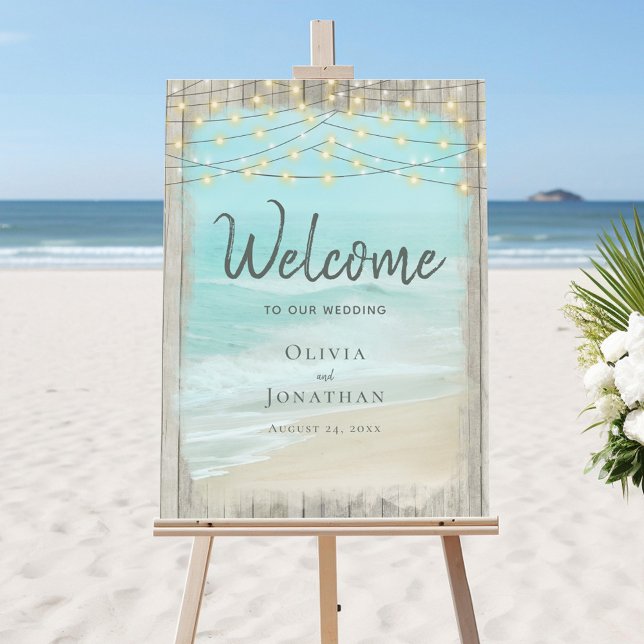 Rustic Beach Wood String Lights Wedding Welcome Foam Board (Creator Uploaded)