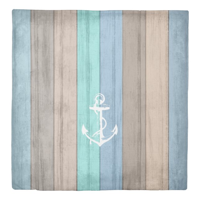 Rustic Beach Wood Stripe Anchor Pattern Duvet Cover (Front)