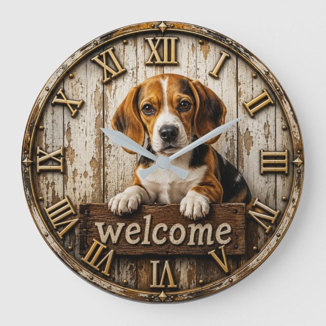 Rustic Beagle Welcome Farmhouse Large Clock (Front)