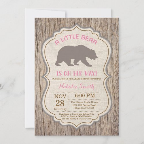 Rustic Bear Baby Shower Invitation Girl
