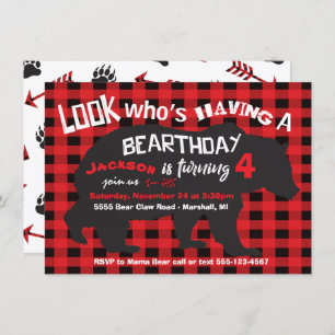 Rustic Bear Birthday Invitation with flannel