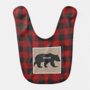 Rustic Bear Black Red Buffalo Plaid Name Baby Boy Baby Bib