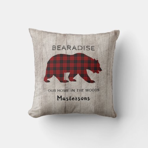 Rustic Bear Buffalo Plaid Family Bearadise Fleece  Throw Pillow