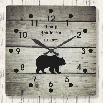 Rustic Bear Camp Acrylic Clock by ClockORama at Zazzle
