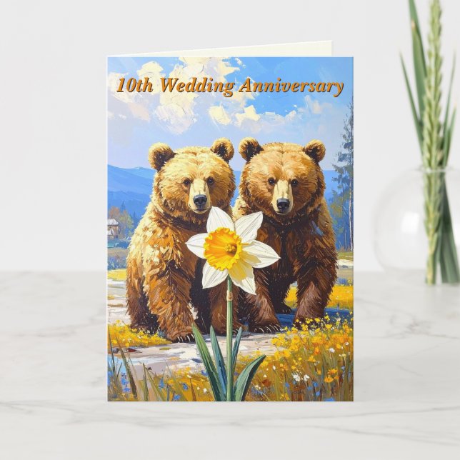 Rustic Bear Couple Daffodil 10th Wedding Anniv. Card (Front)