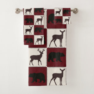 Rustic Bear & Deer, Dark Red & Cream Squares Bath Towel Set