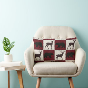 Rustic Bear & Deer, Dark Red & Cream Squares Lumbar Pillow