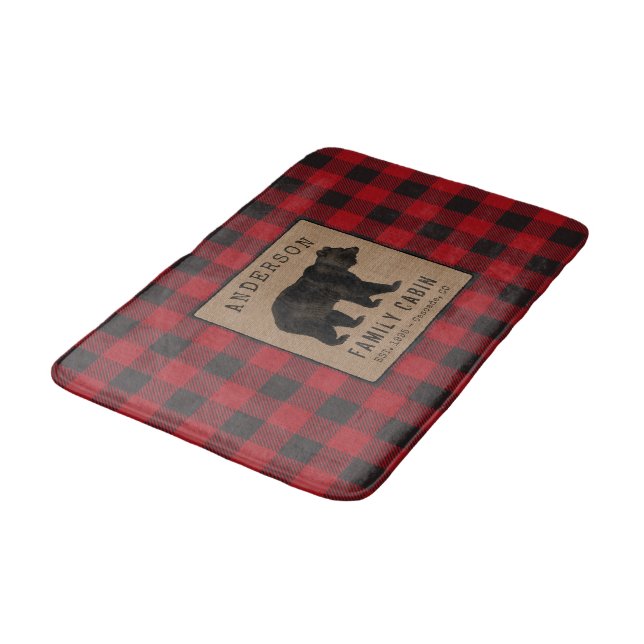 Rustic Bear Family Cabin Red Buffalo Plaid Burlap Bath Mat (Angled)
