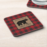 Rustic Bear Family Cabin Red Buffalo Plaid Burlap Beverage Coaster<br><div class="desc">Beautiful, rustic themed cork back coasters with your personalized family name and cabin, lodge or other desired text and it's location or established date. This unique custom design features hand drawn style artwork of a bear on faux burlap with red buffalo plaid print. To see more designs like this please...</div>