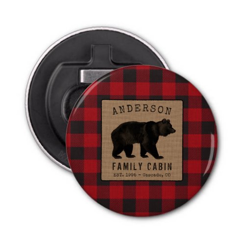 Rustic Bear Family Cabin Red Buffalo Plaid Burlap Bottle Opener