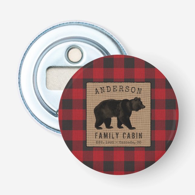 Rustic Bear Family Cabin Red Buffalo Plaid Burlap Bottle Opener (Front)