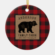 Rustic Bear Family Cabin Red Buffalo Plaid Burlap