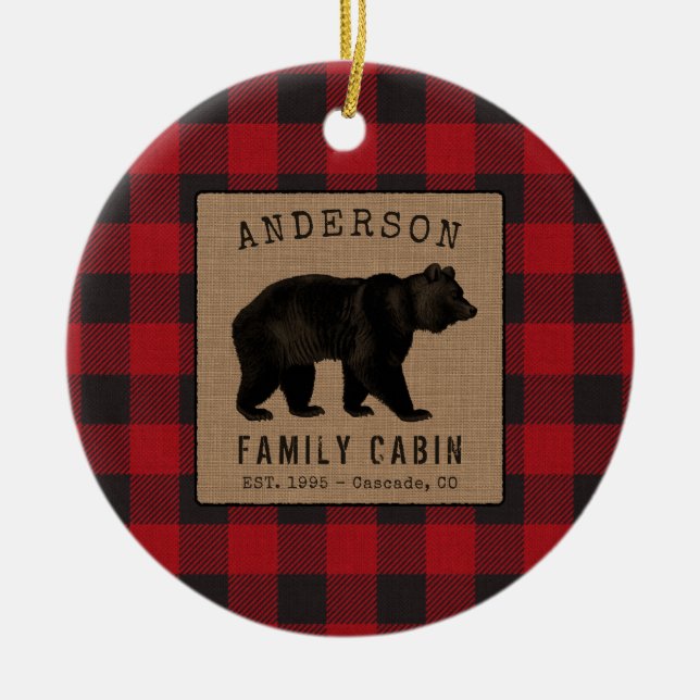 Rustic Bear Family Cabin Red Buffalo Plaid Burlap Ceramic Ornament (Front)
