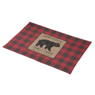 Rustic Bear Family Cabin Red Buffalo Plaid Burlap Cloth Placemat