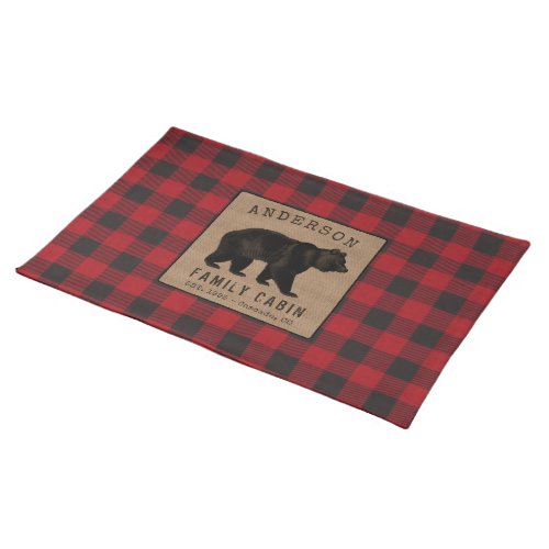 Rustic Bear Family Cabin Red Buffalo Plaid Burlap Cloth Placemat