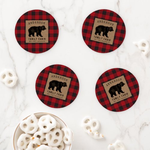 Rustic Bear Family Cabin Red Buffalo Plaid Burlap Coaster Set