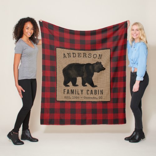 Rustic Bear Family Cabin Red Buffalo Plaid Burlap Fleece Blanket