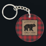 Rustic Bear Family Cabin Red Buffalo Plaid Burlap Keychain<br><div class="desc">Never misplace your keys to the family cabin with this beautiful, rustic themed acrylic keychain displaying your personalized family name and cabin, lodge or other desired text and it's location or established date. This unique custom design features hand drawn style artwork of a bear on faux burlap with red buffalo...</div>