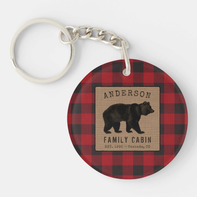 Rustic Bear Family Cabin Red Buffalo Plaid Burlap Keychain (Front)
