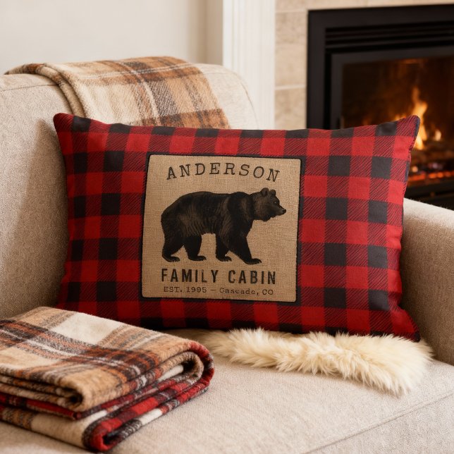 Rustic Bear Family Cabin Red Buffalo Plaid Burlap Lumbar Pillow (Creator Uploaded)