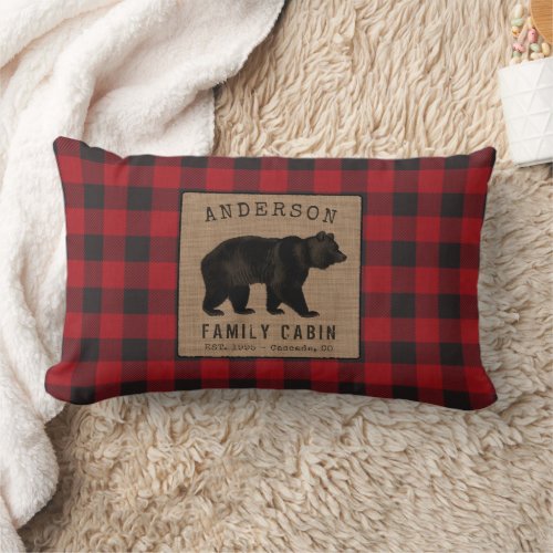 Rustic Bear Family Cabin Red Buffalo Plaid Burlap Lumbar Pillow