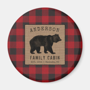 Rustic Bear Family Cabin Red Buffalo Plaid Burlap Magnet