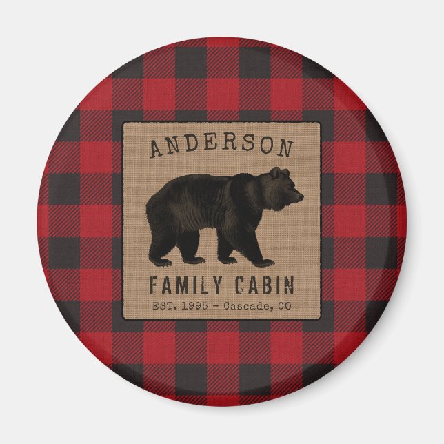 Rustic Bear Family Cabin Red Buffalo Plaid Burlap Magnet (Front)