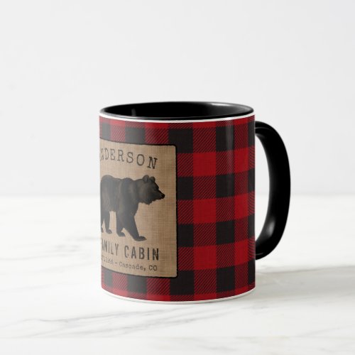 Rustic Bear Family Cabin Red Buffalo Plaid Burlap Mug