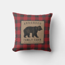 Rustic Bear Family Cabin Red Buffalo Plaid Burlap